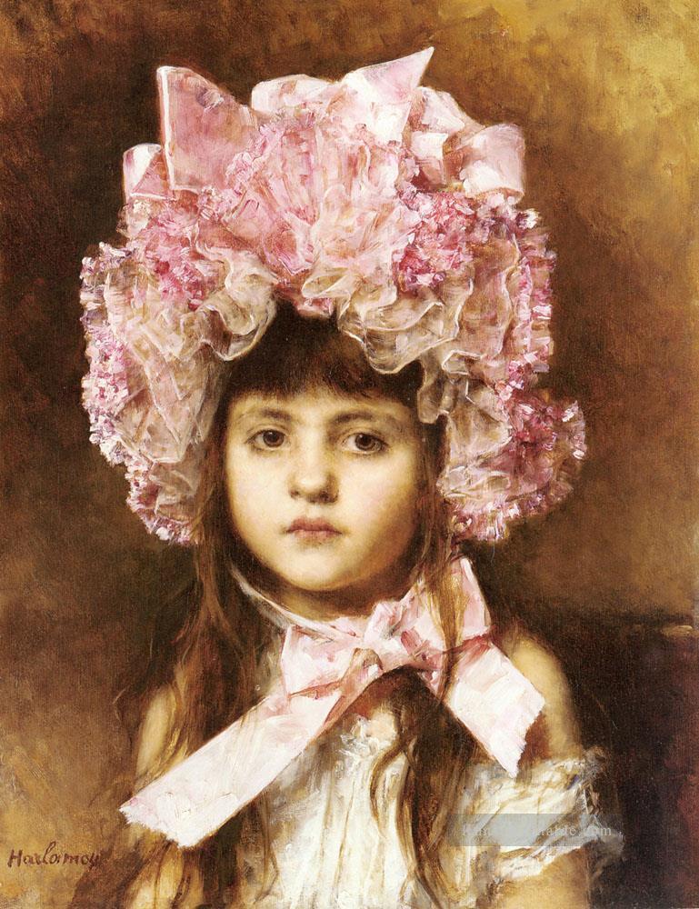 The Pink Bonnet Mädchen Porträt Alexei Harlamov Ölgemälde